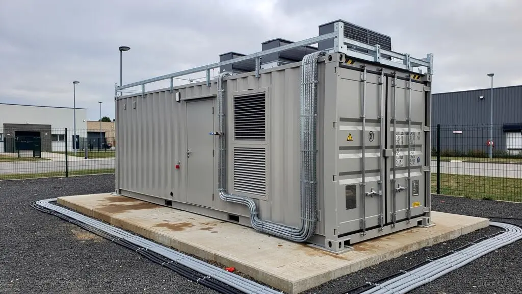 Container datacenter modulaire installé sur site industriel montrant la structure extérieure et les systèmes de ventilation