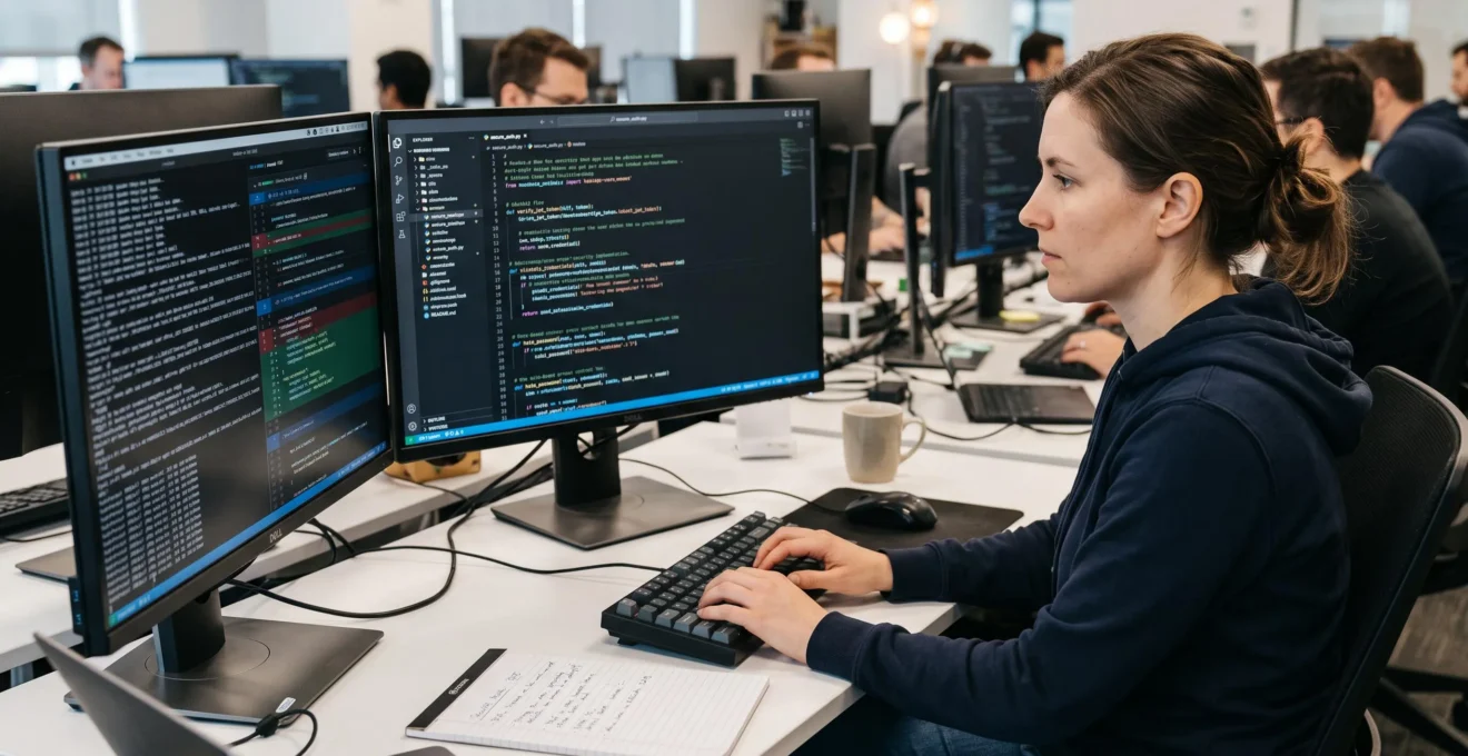 Développeur examinant du code lié à la sécurité et l'authentification sur son écran dans un environnement de développement professionnel