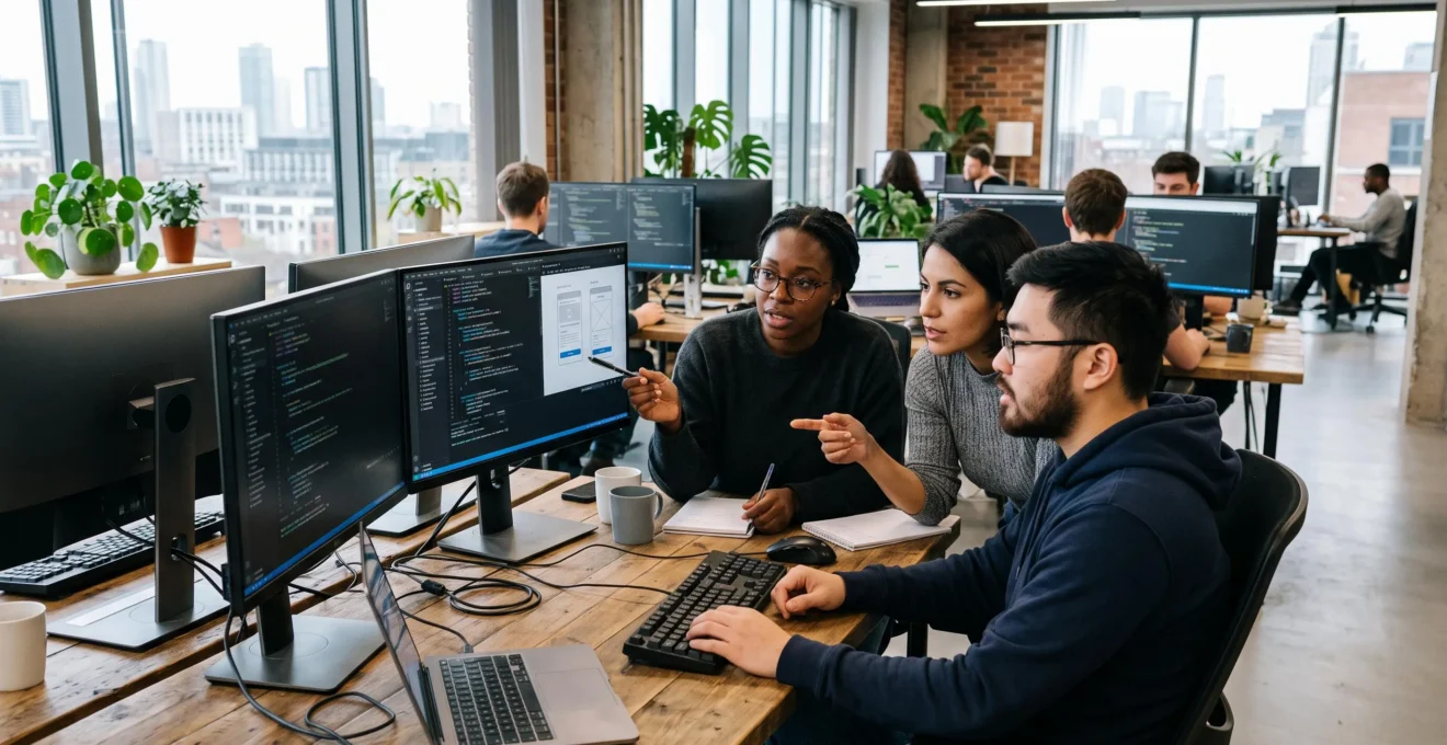 Équipe de développeurs collaborant autour d'écrans montrant du code et des interfaces d'application dans un bureau moderne d'agence de développement