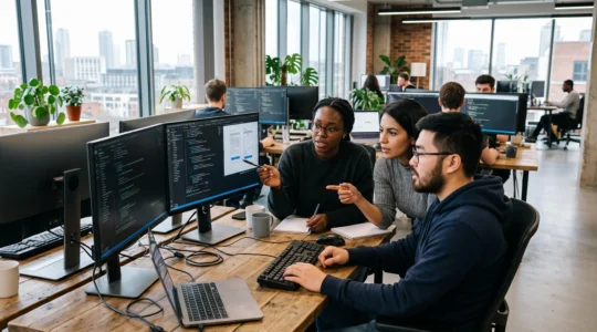 Équipe de développeurs collaborant autour d'écrans montrant du code et des interfaces d'application dans un bureau moderne d'agence de développement