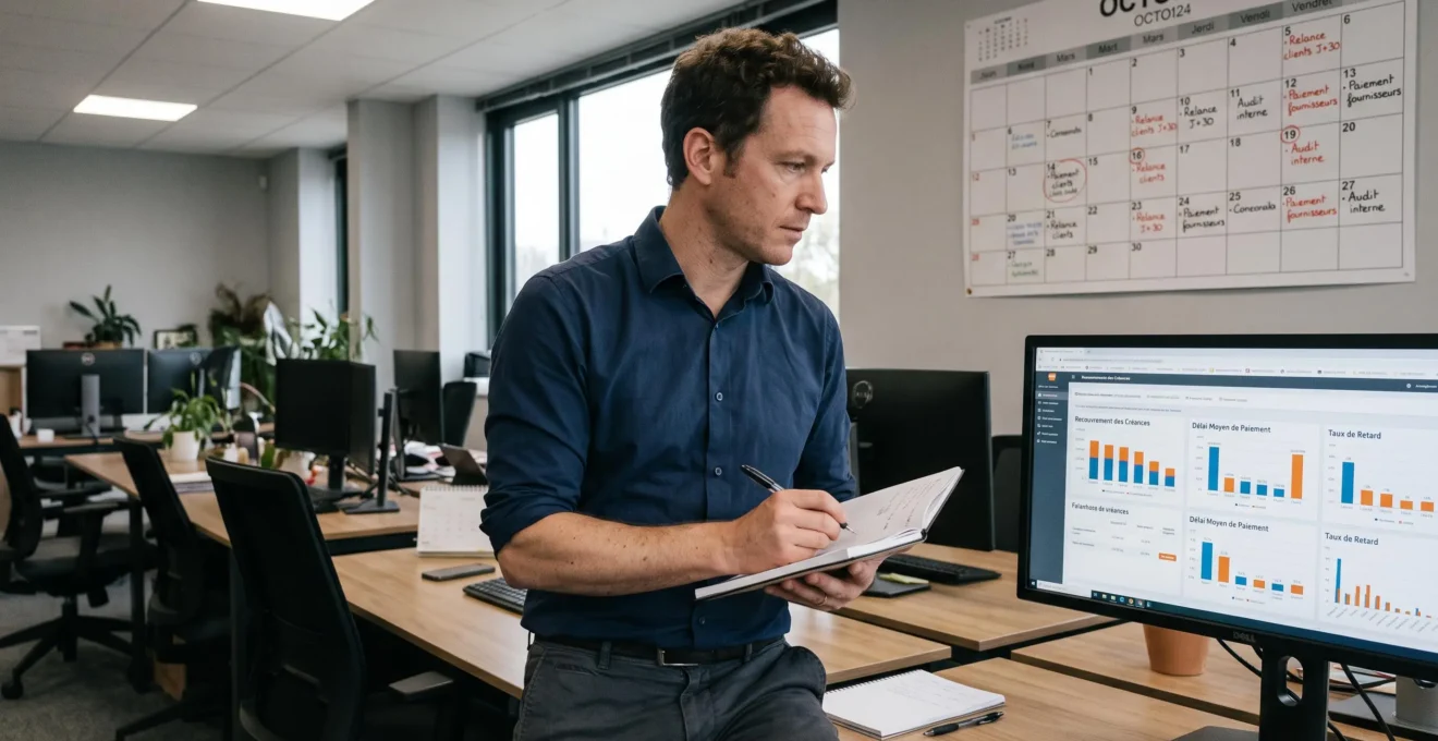 Contrôleur financier consultant un tableau de bord de suivi des relances clients dans un bureau français.