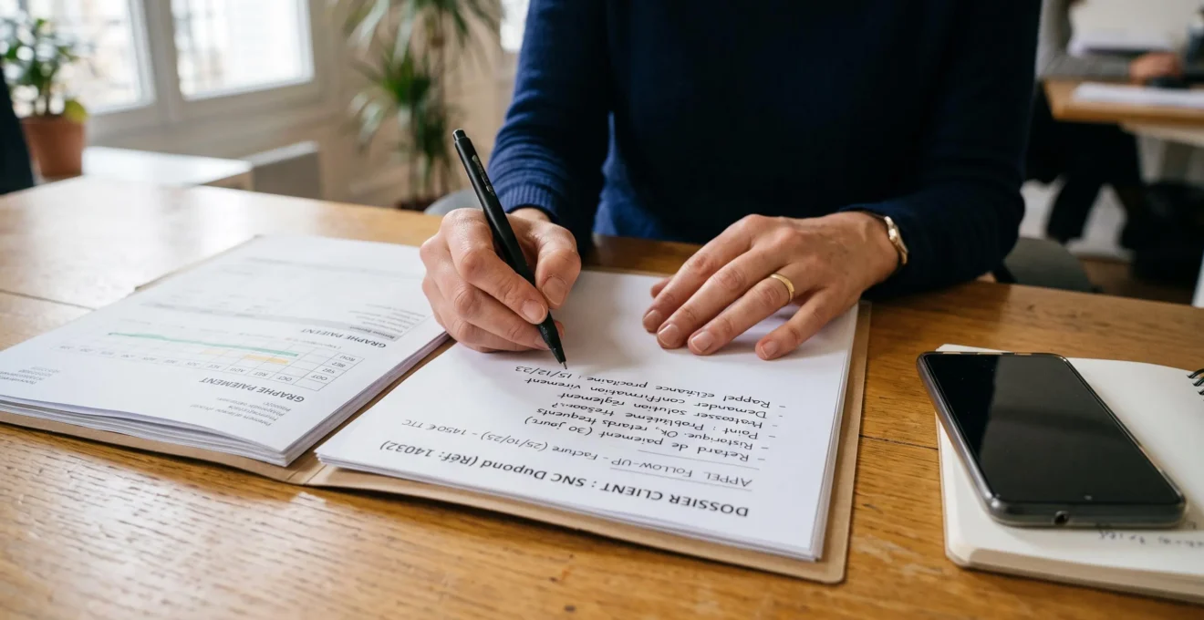 Mains d'un responsable crédit préparant une relance téléphonique personnalisée avec dossier client et notes manuscrites.