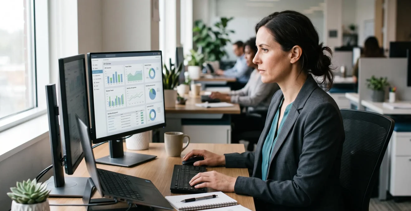 Professionnel utilisant une interface de tableau de bord personnalisée affichant des indicateurs et outils de gestion sur son poste de travail