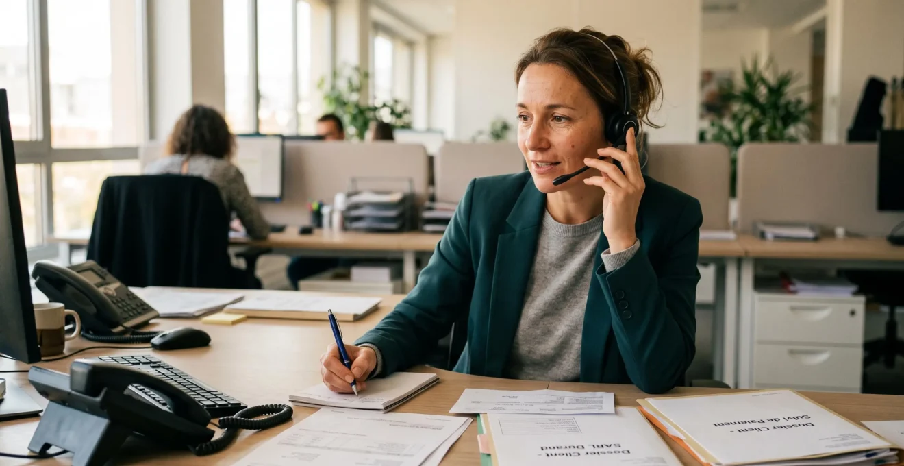 Responsable crédit en conversation téléphonique personnalisée avec un client lors d'une relance de paiement.