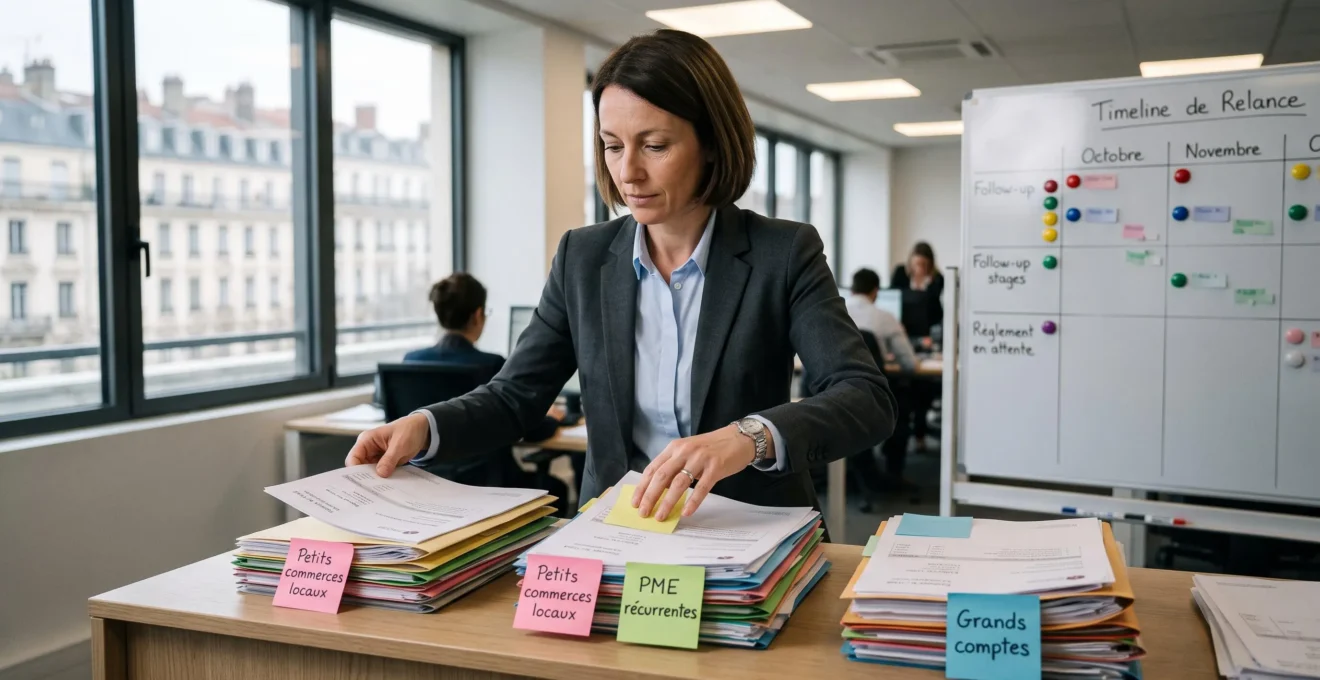 Responsable crédit management organisant des dossiers clients par catégorie de relance dans un bureau d'entreprise français.