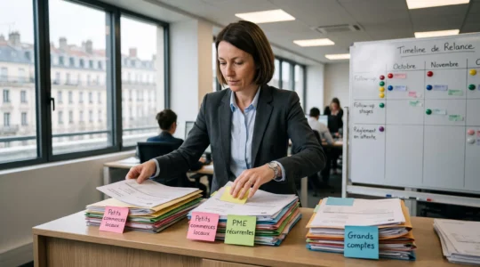 Responsable crédit management organisant des dossiers clients par catégorie de relance dans un bureau d'entreprise français.