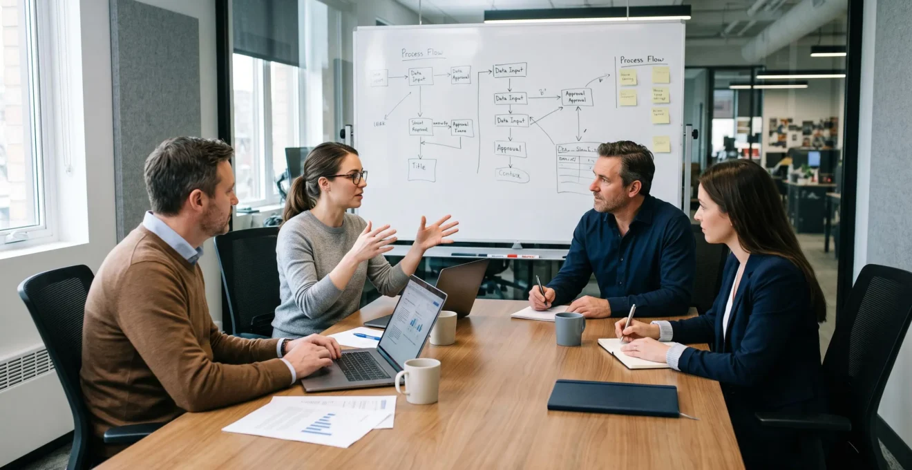 Réunion d'analyse des besoins entre développeurs et client professionnel autour d'une table de conférence avec ordinateurs portables et tableau blanc