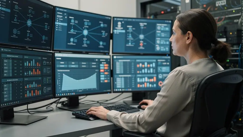 Spécialiste IT supervisant les systèmes datacenter sur plusieurs écrans de monitoring dans une salle de contrôle professionnelle