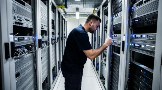 Technicien IT inspectant des serveurs dans l'allée d'un datacenter moderne avec racks organisés et indicateurs LED bleus