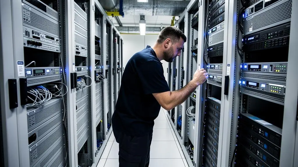 Technicien IT inspectant des serveurs dans l'allée d'un datacenter moderne avec racks organisés et indicateurs LED bleus
