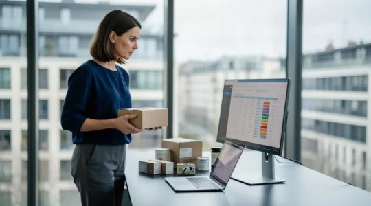 Une gestionnaire de données compare un produit physique aux informations produits affichées sur son écran dans un bureau moderne.
