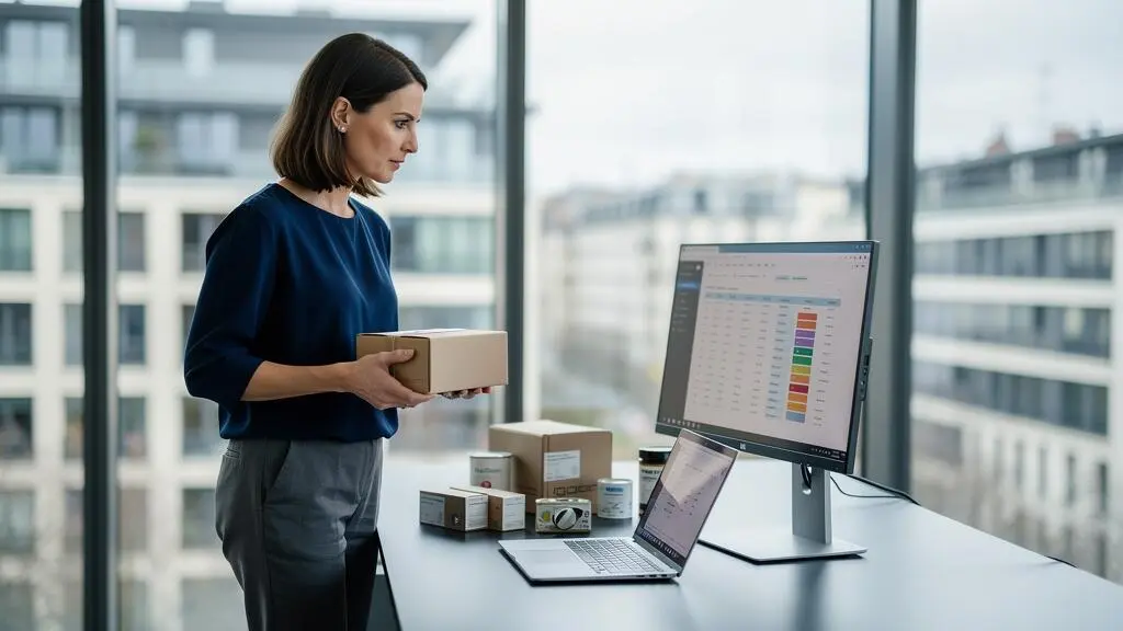 Une gestionnaire de données compare un produit physique aux informations produits affichées sur son écran dans un bureau moderne.
